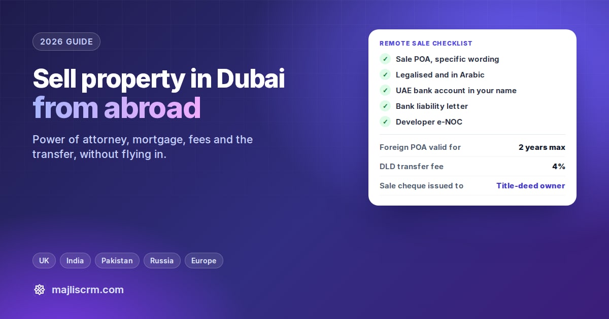 Cover: sell property in Dubai from abroad, with a remote sale checklist covering the power of attorney, UAE bank account, liability letter and developer NOC